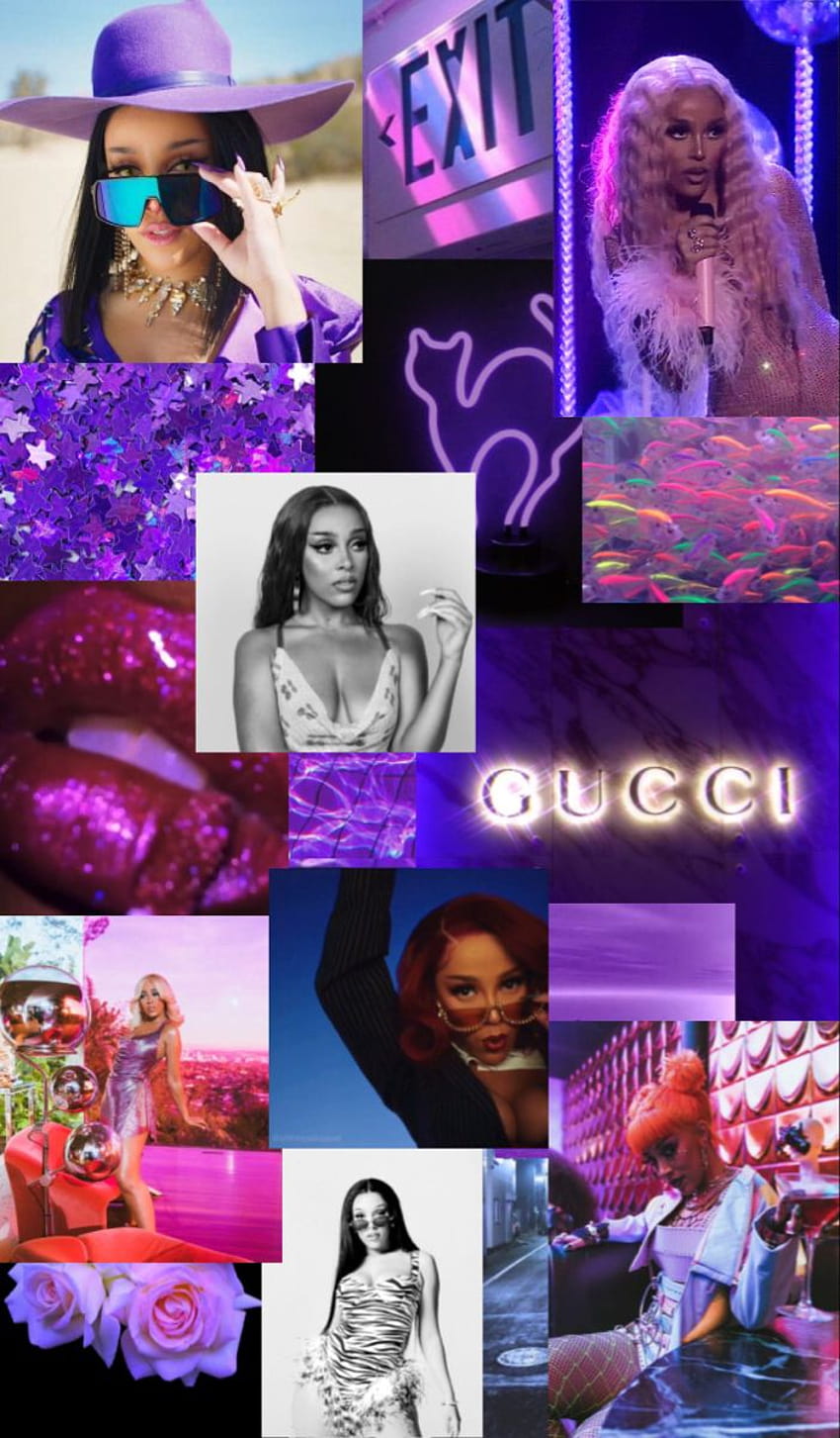 A collage of pictures of Cardi B, a purple exit sign, a gucci sign, a purple cow, and more. - Doja Cat
