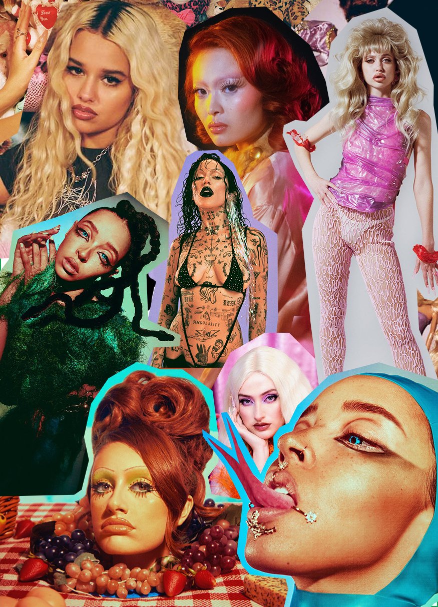 A collage of pop culture icons including Dua Lipa, Lady Gaga, and Billie Eilish. - Doja Cat
