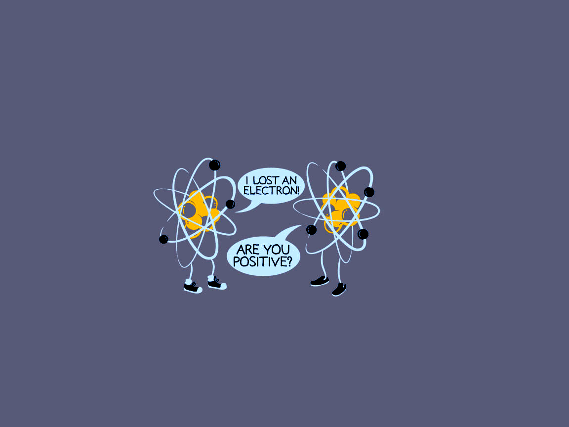 Two atoms with speech bubbles. One says 