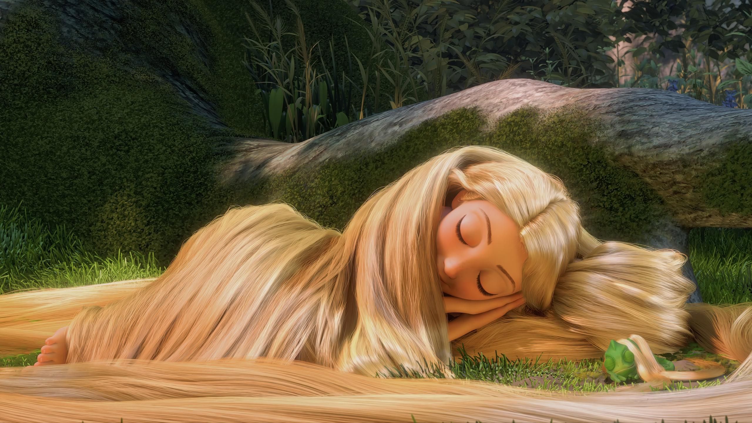 Rapunzel sleeping in the grass with Pascal the chameleon in Tangled - Rapunzel