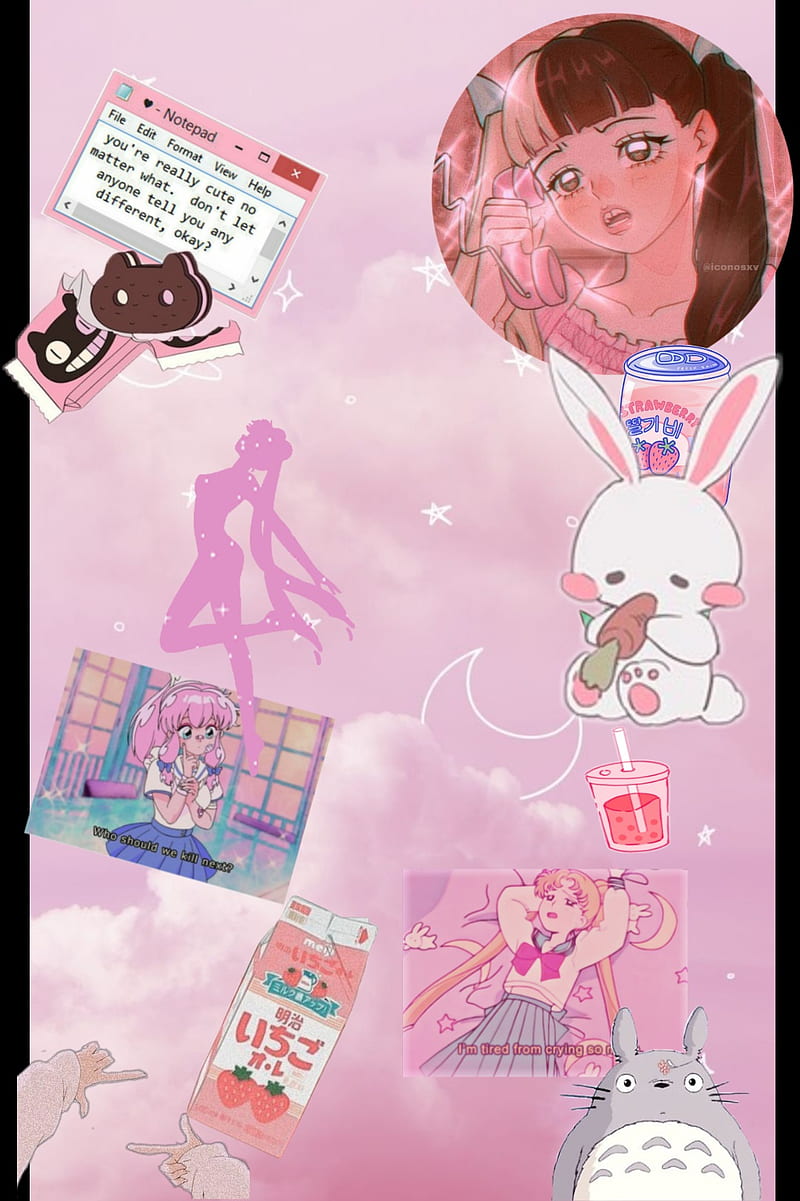 Collage of anime characters and objects against a pink background - Melanie Martinez