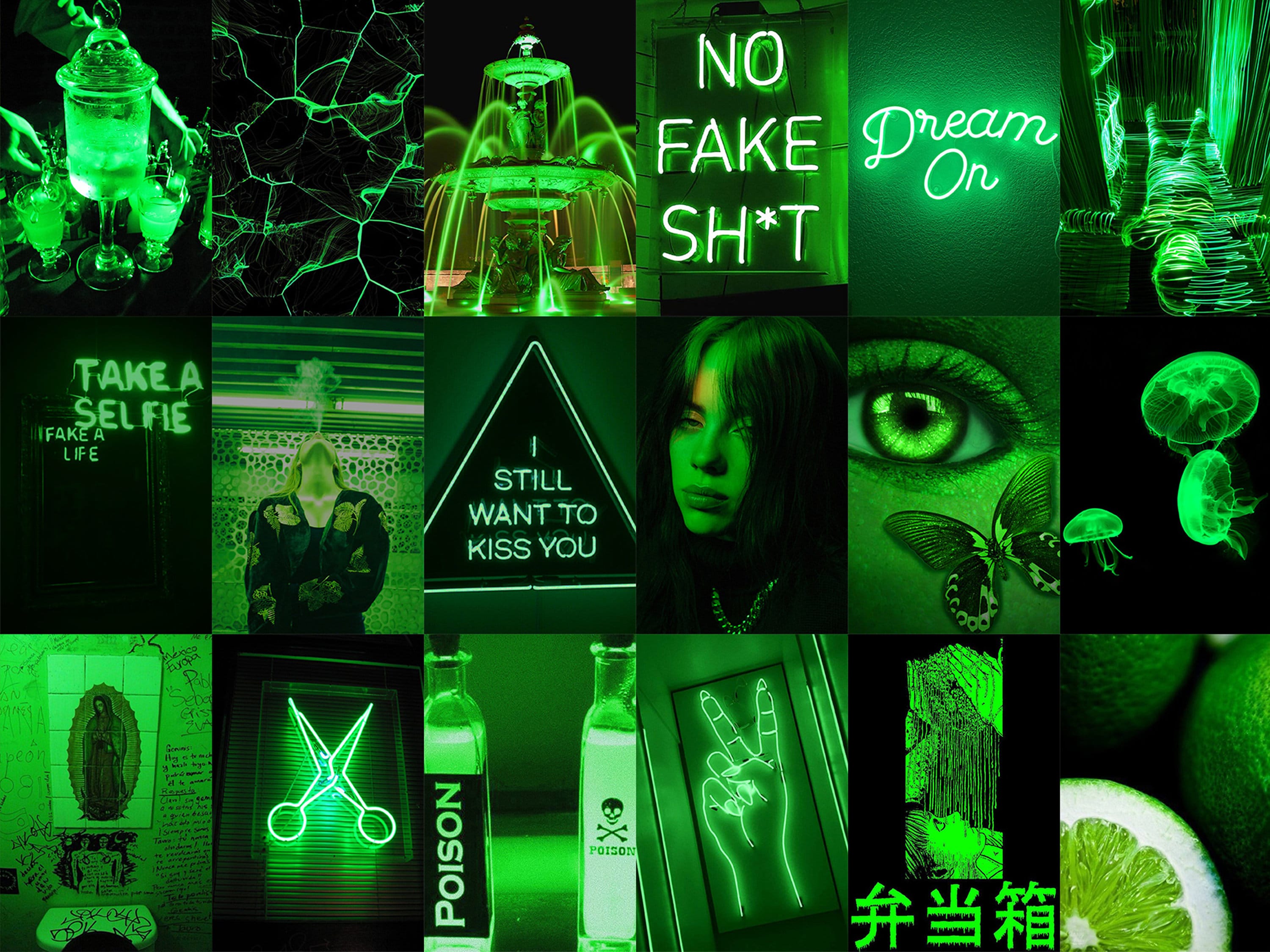 A collage of pictures with green neon lights - Lime green