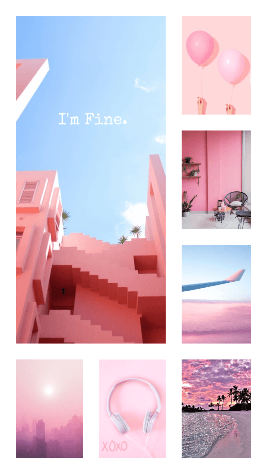 A collage of pink and blue images including a sunset, headphones, and a building. - Pink collage