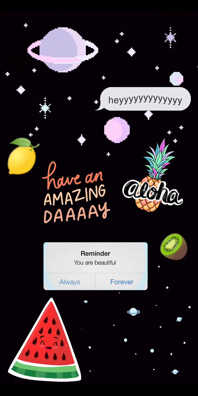 A black background with fruit stickers and the words 