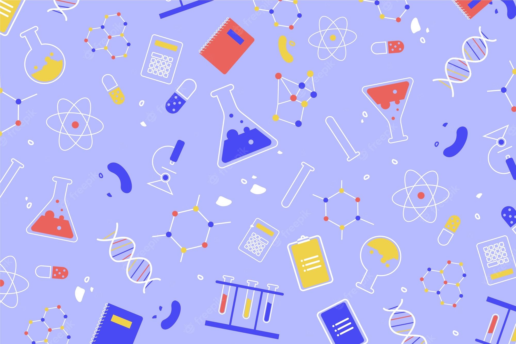 A pattern of science and chemistry icons including test tubes, beakers, a formula, a DNA strand, and a periodic table. - Science