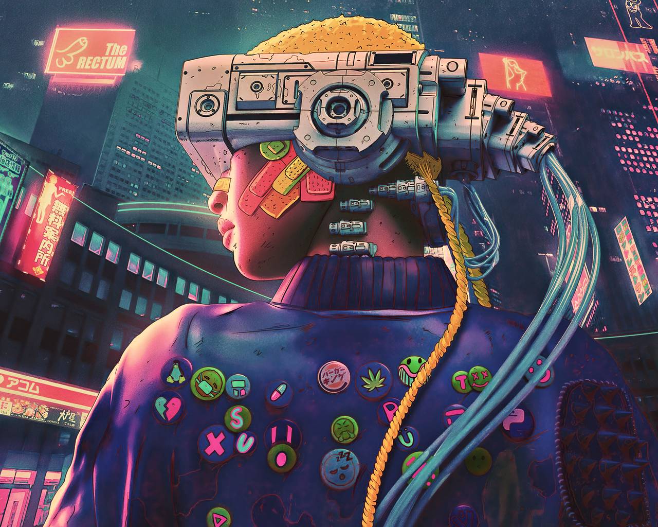 A cyberpunk girl with a camera for a head, neon lights and wires - Science