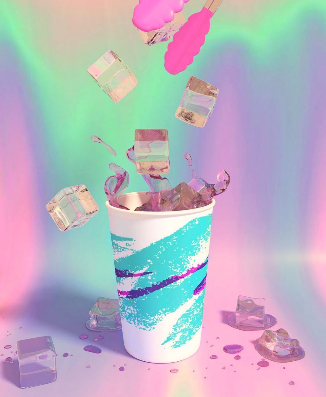 A cup of ice with colorful water droplets - Vaporwave, 3D