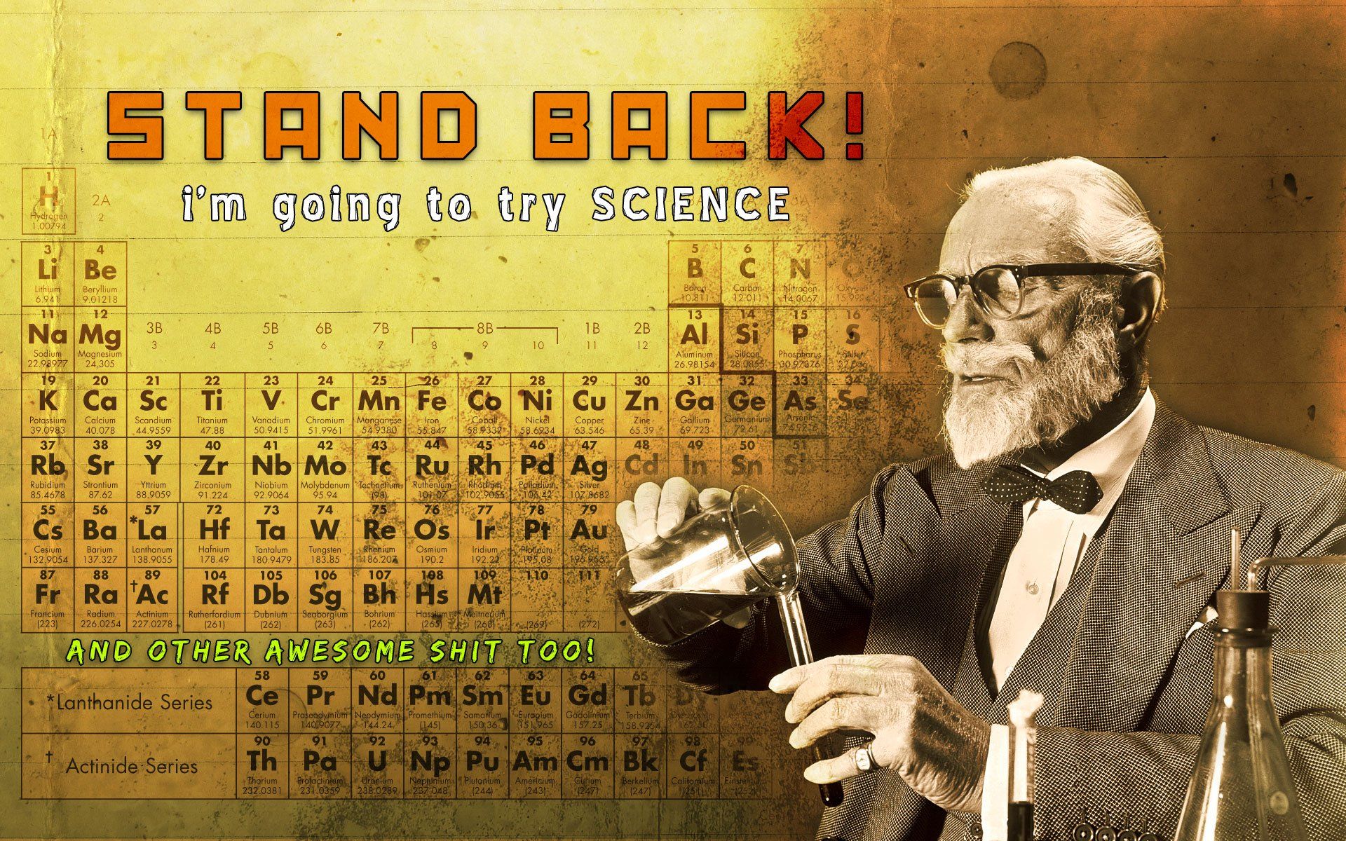An old man with a beard and glasses is shown holding a beaker with the periodic table of elements in the background. - Science, chemistry