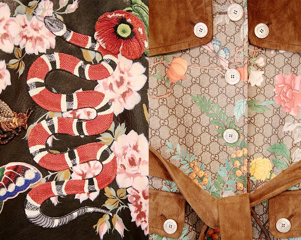 A close up of two Gucci jackets, one with a floral snake print and the other with a floral GG print. - Gucci