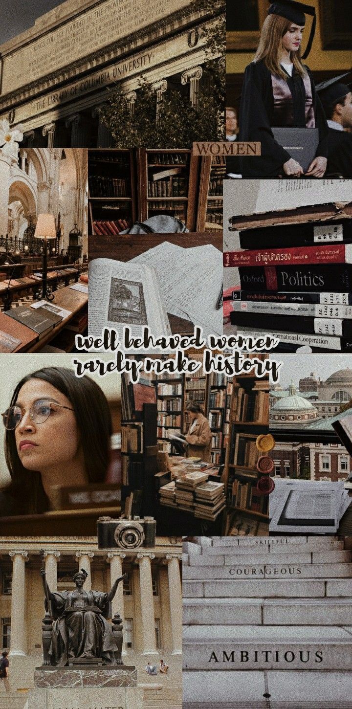 Aesthetic collage of images of women in a library, books, and a statue - School