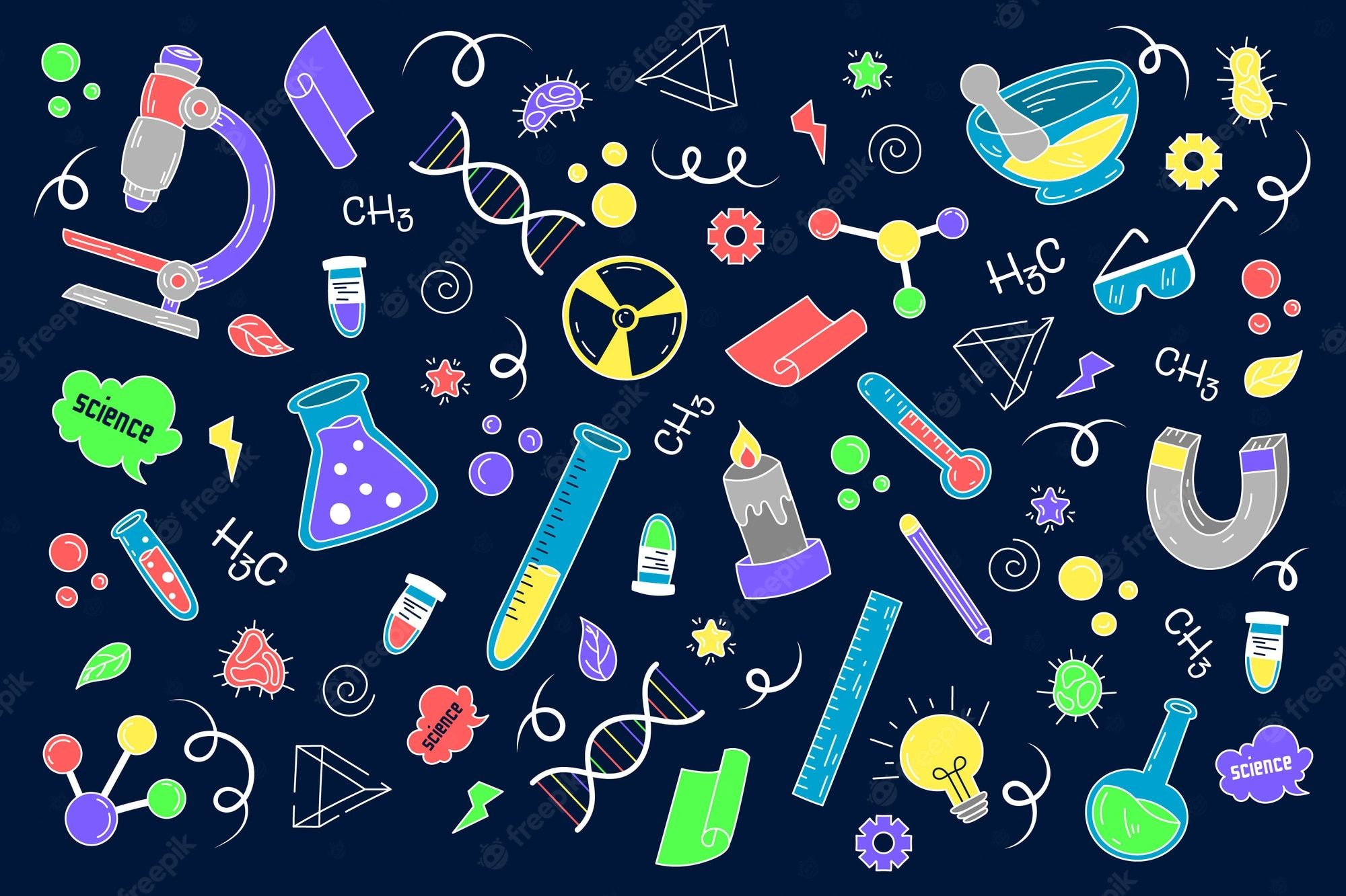 Science elements on a dark blue background - Science, chemistry