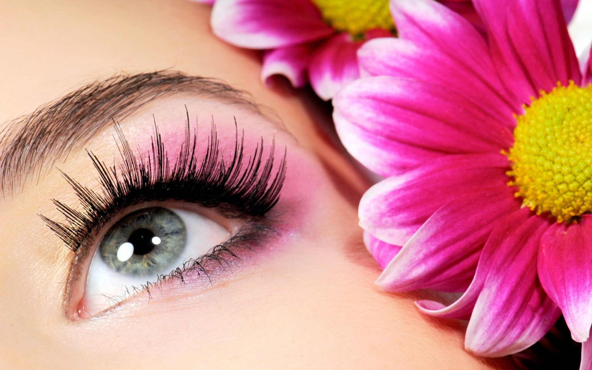 A woman's eye with long eyelashes and a pink flower next to it. - Makeup