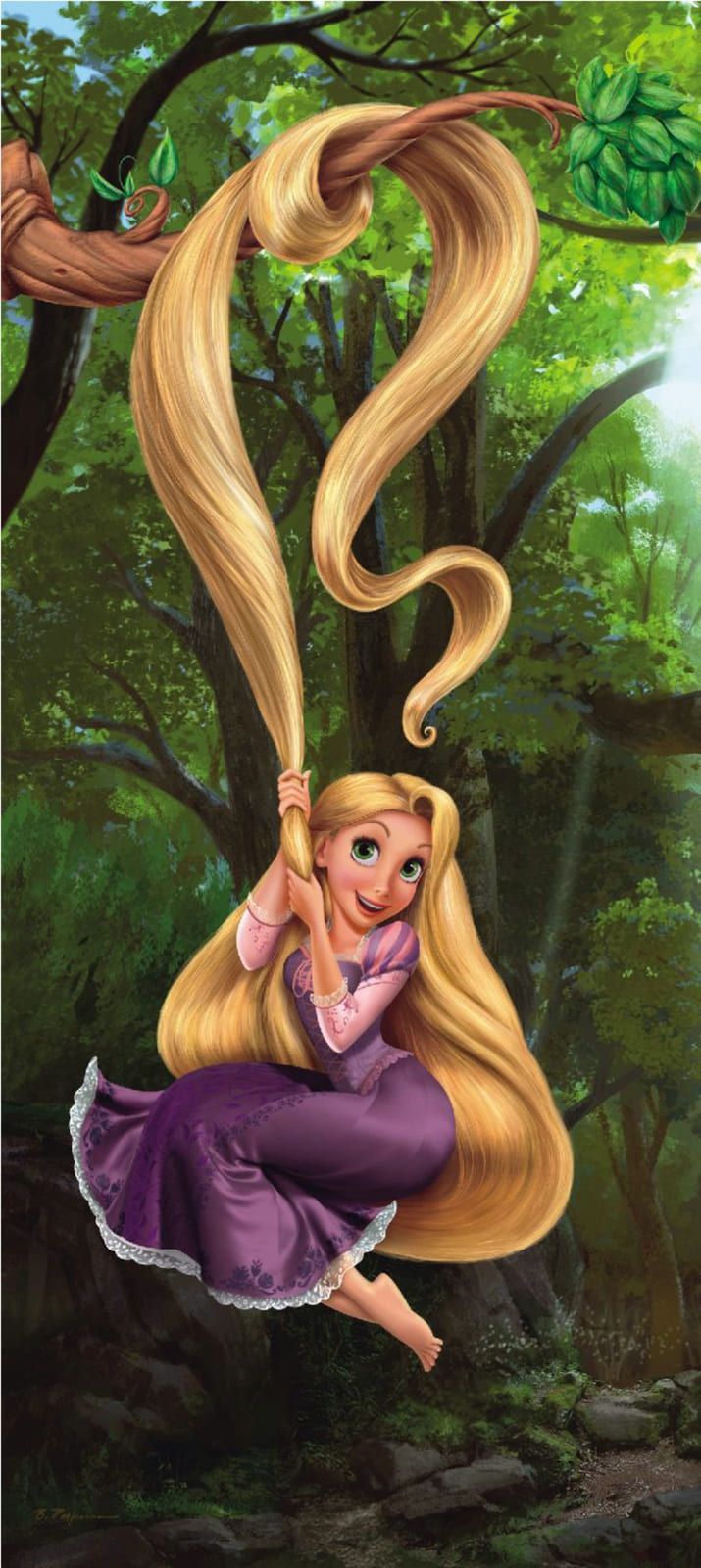 Rapunzel, with her signature long hair, swinging on a tree branch in the forest. - Rapunzel