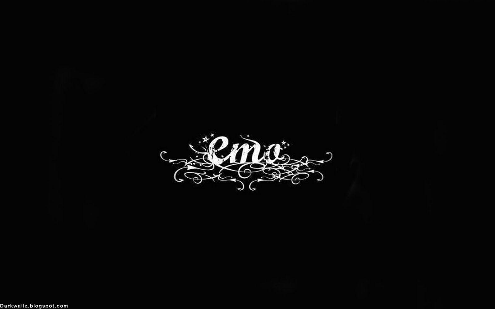 The logo of a black and white background with an ornate font - Emo