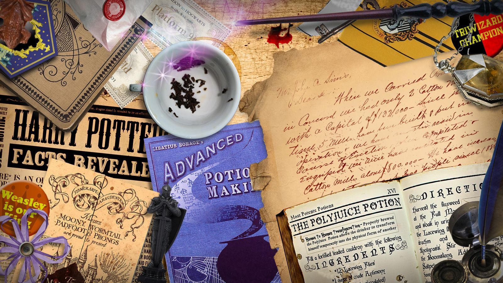 A collection of Harry Potter items including a book, a cup of tea, and a wand. - Harry Potter