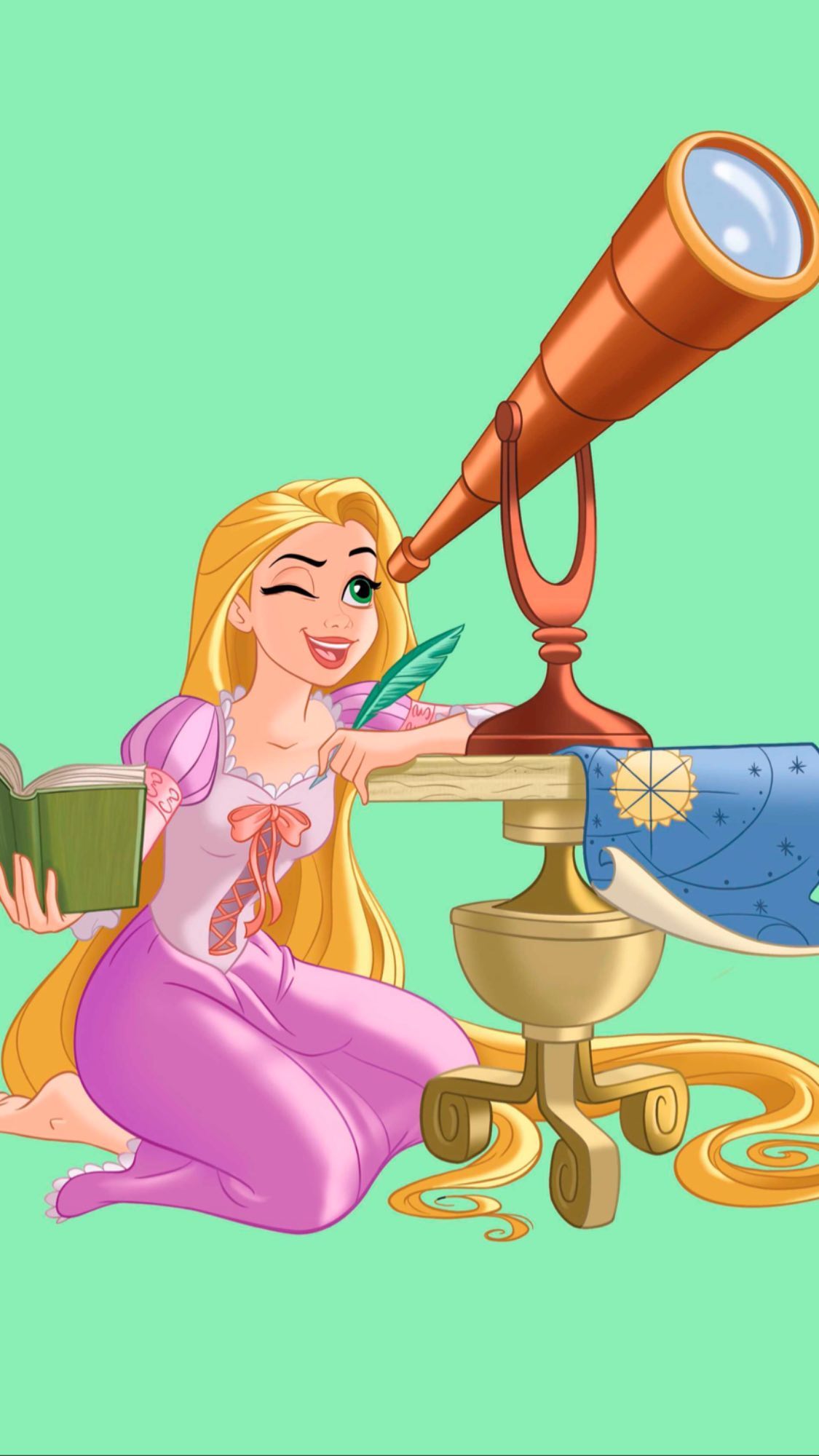 A cartoon of rapunzel sitting at her desk - Rapunzel