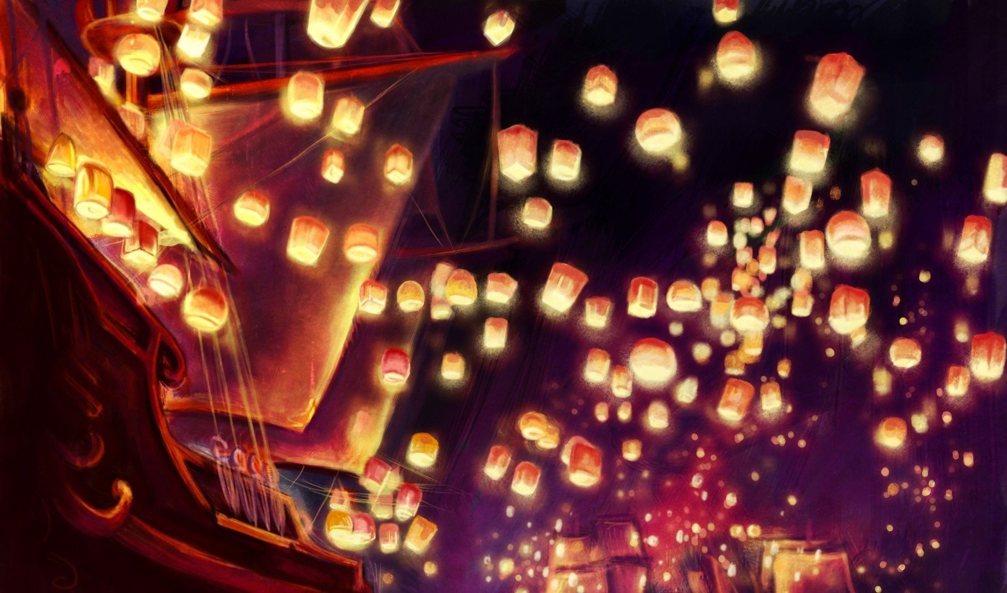 A painting of people flying lanterns in the night - Rapunzel