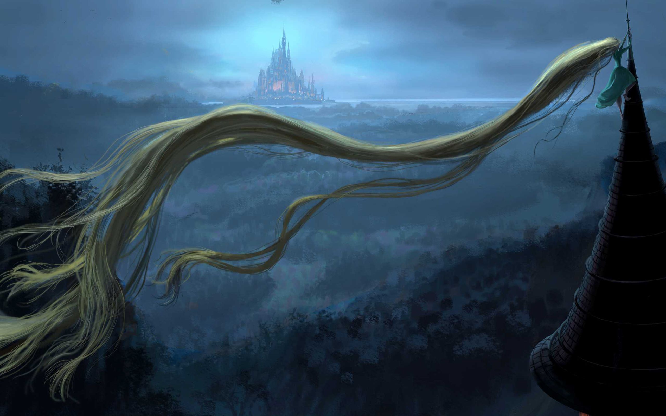 A woman with long hair in front of an old castle - Rapunzel