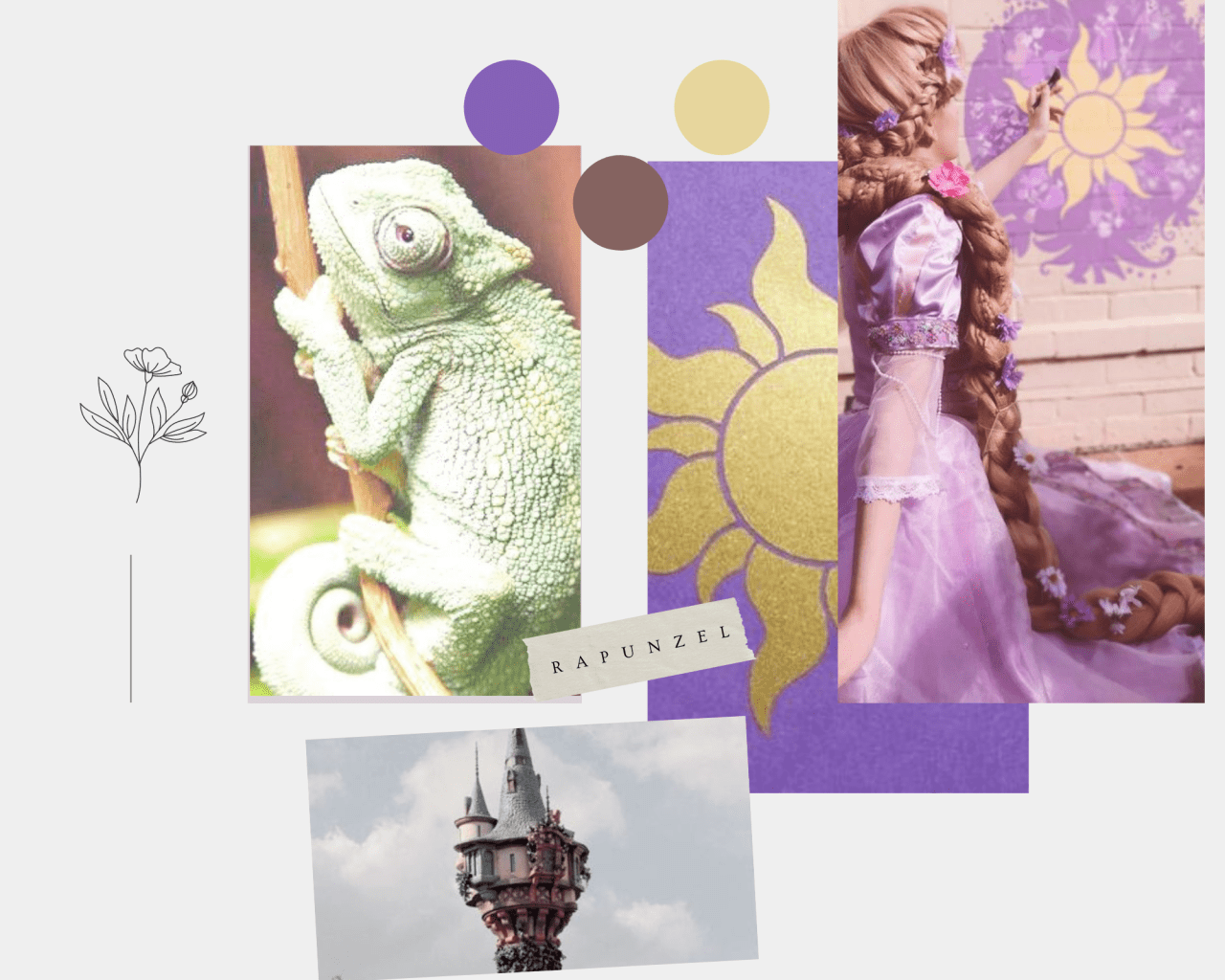 A mood board with images of Rapunzel and her tower. - Rapunzel