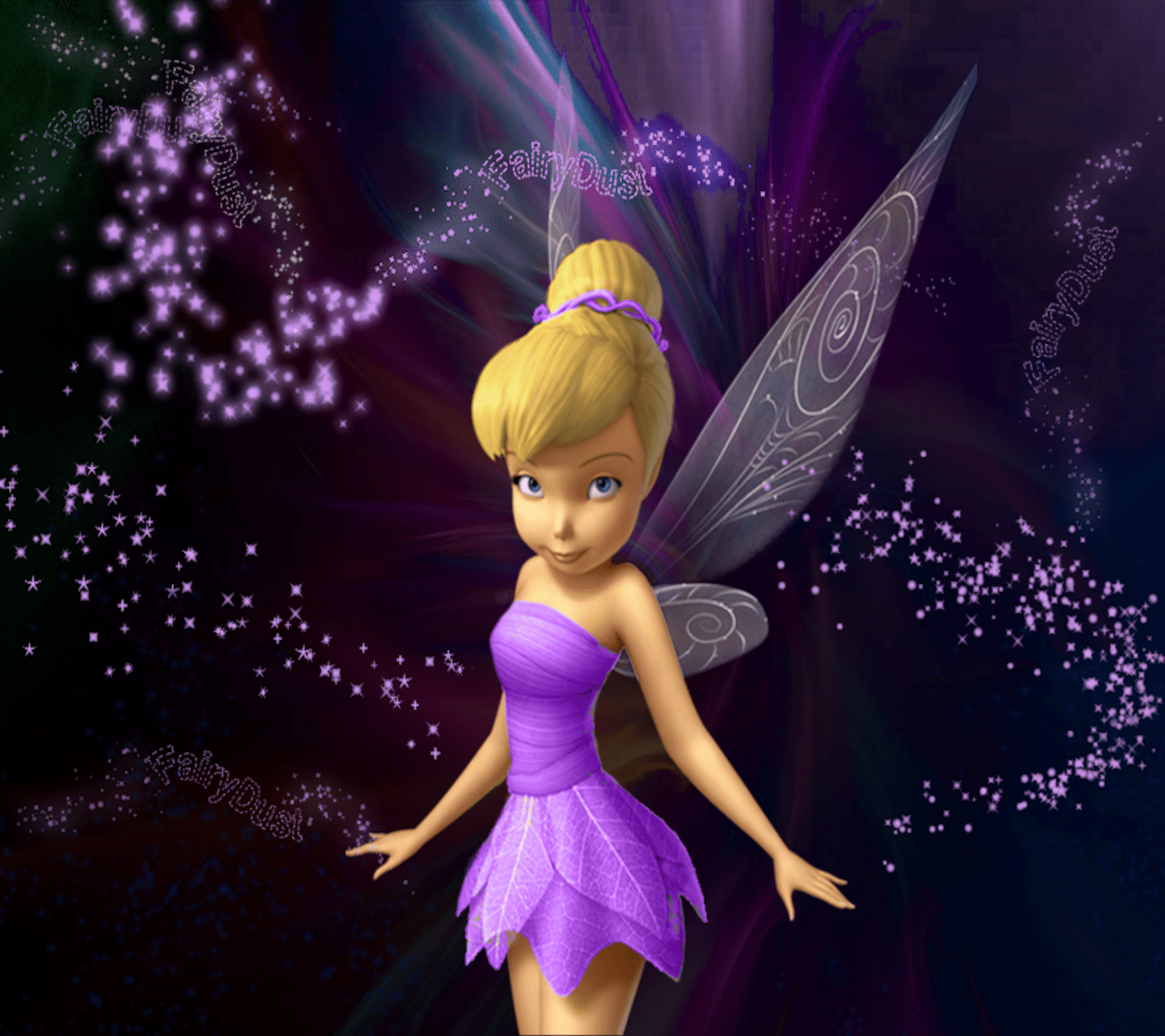 A cartoon fairy with purple wings - Tinkerbell