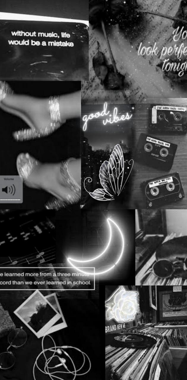 A collage of black and white photos with text - Music