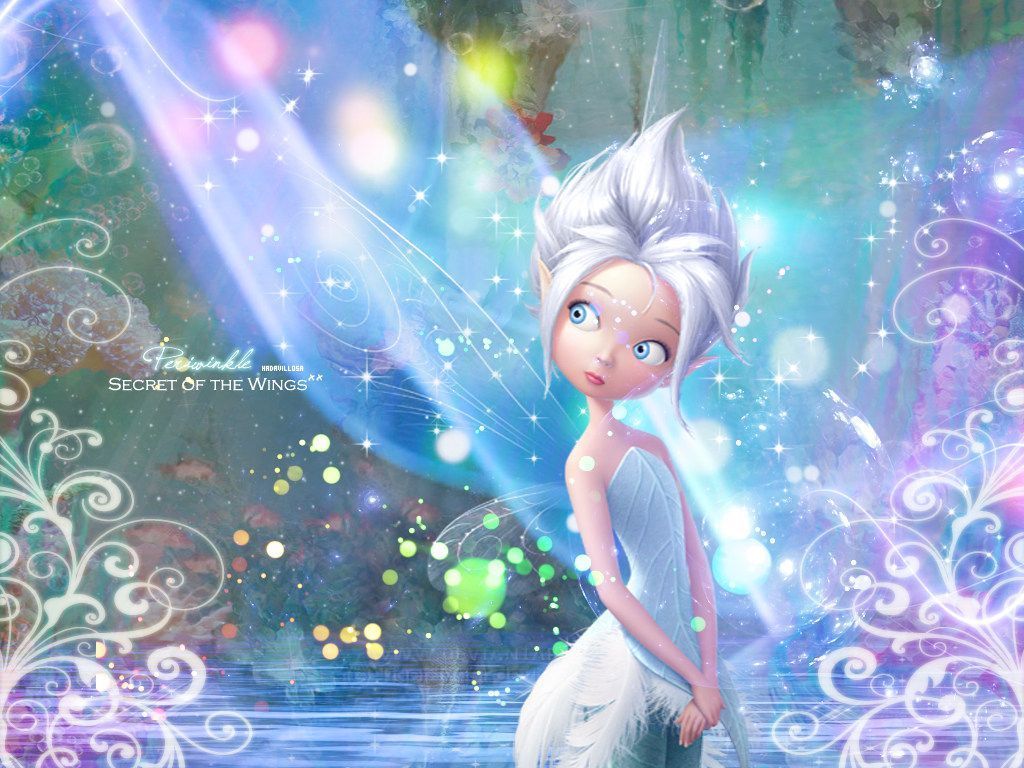 The fairy is standing in water with a light around her - Tinkerbell