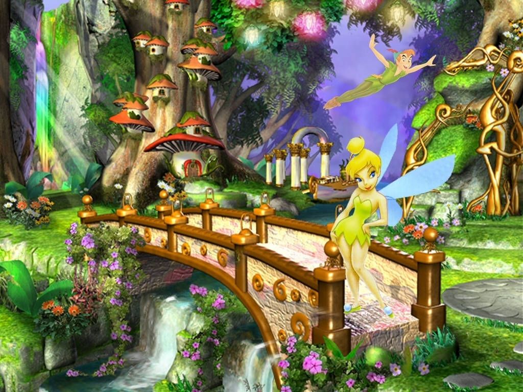 A Tinkerbell wallpaper featuring Tinkerbell standing on a bridge in a fantasy forest. - Tinkerbell