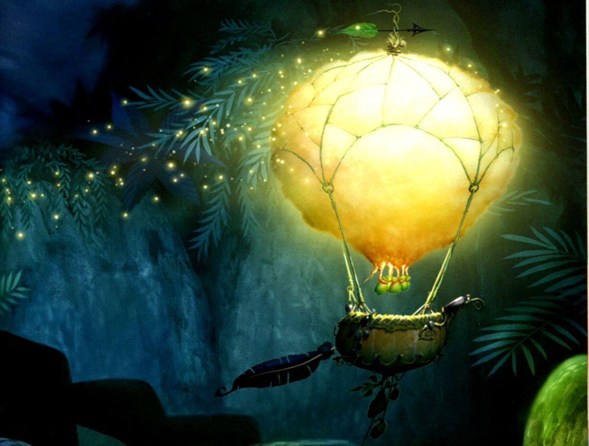 A hot air balloon with a lantern in the middle of it, floating through the air with fireflies around it. - Tinkerbell