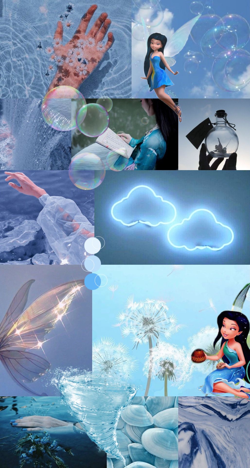 Aesthetic background of blue and white with pictures of fairies, clouds, and bubbles. - Tinkerbell