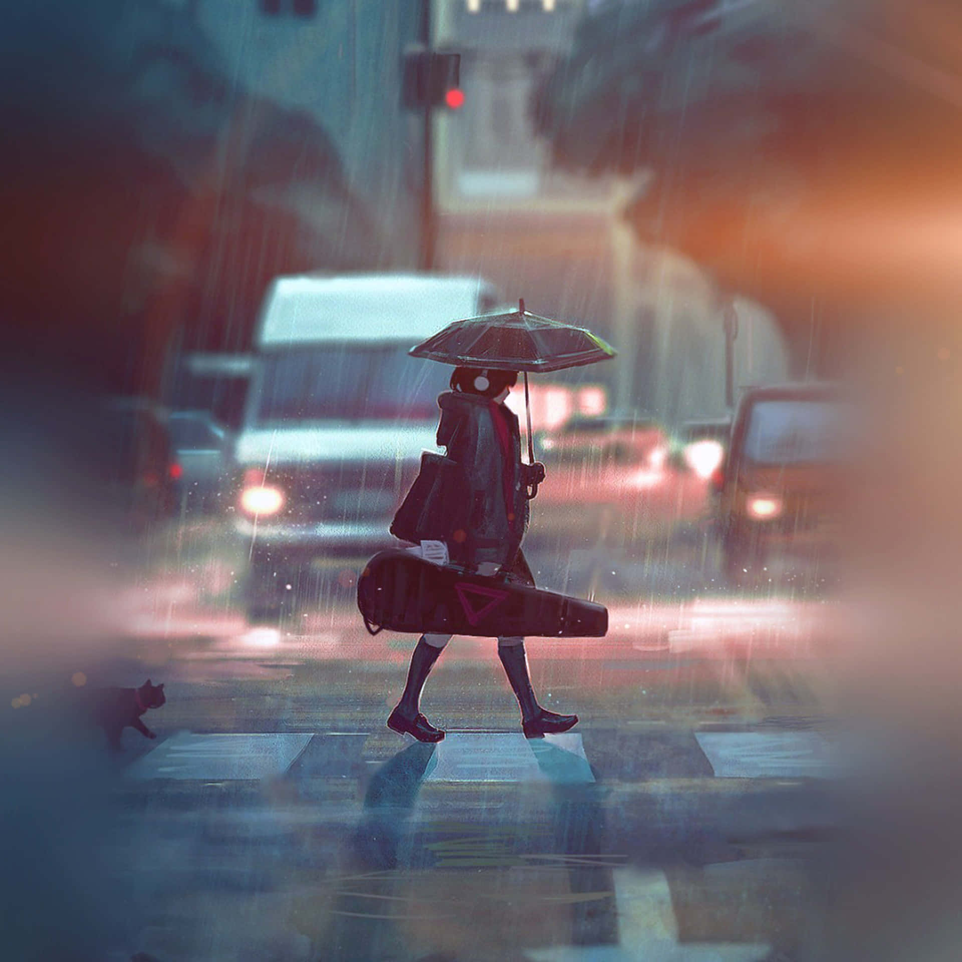 A woman walking down the street with an umbrella - Rain