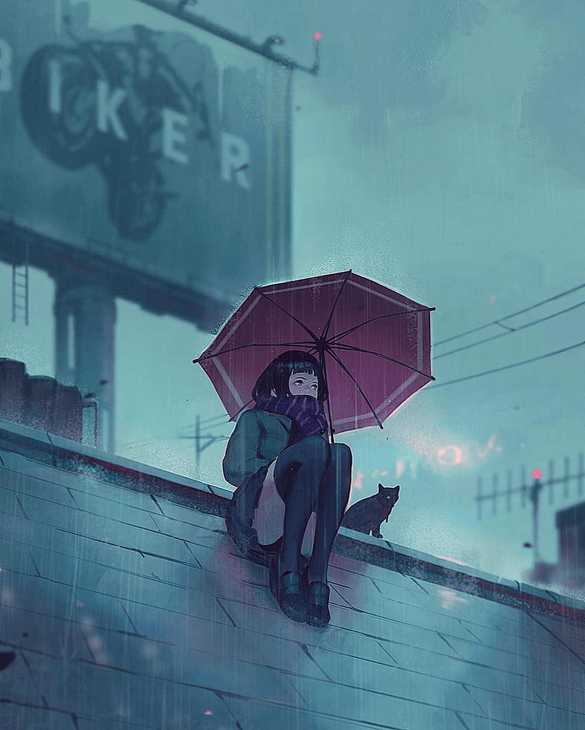 Artistic anime girl with umbrella and cat in the rain wallpaper 1242x2688 - Rain