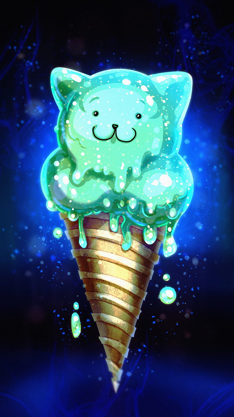 Ice cream, art, cat, cute, ears, ice cream, HD phone wallpaper