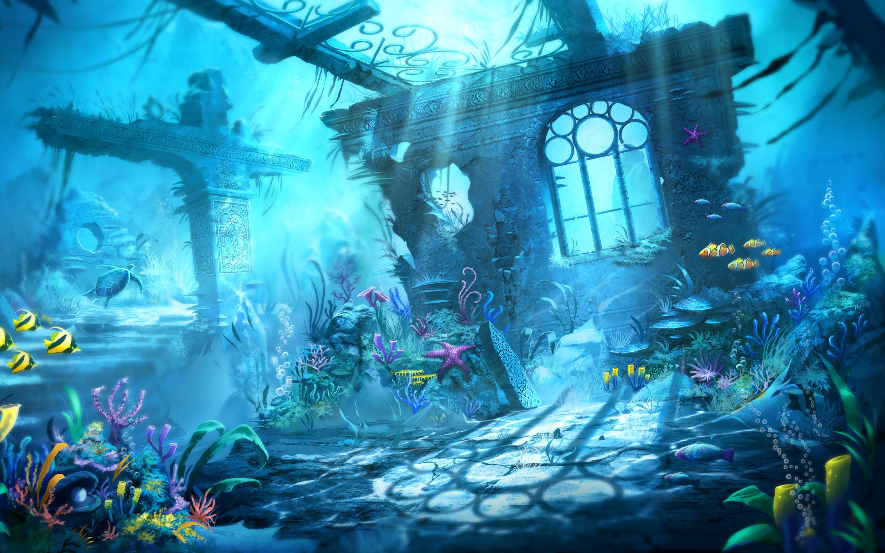 The underwater scene with a house and fish - Underwater