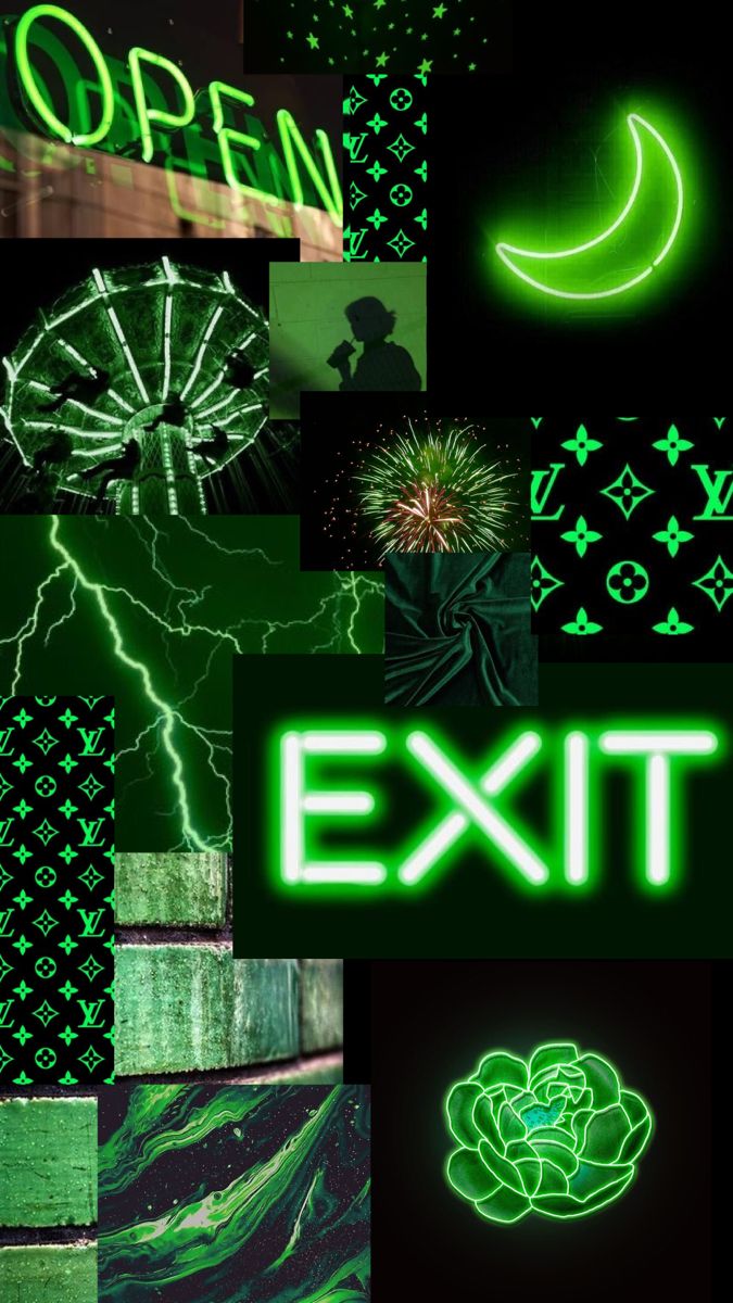 Aesthetic green collage wallpaper with exit sign, lightning, crescent moon, smiley face, and more. - Neon green