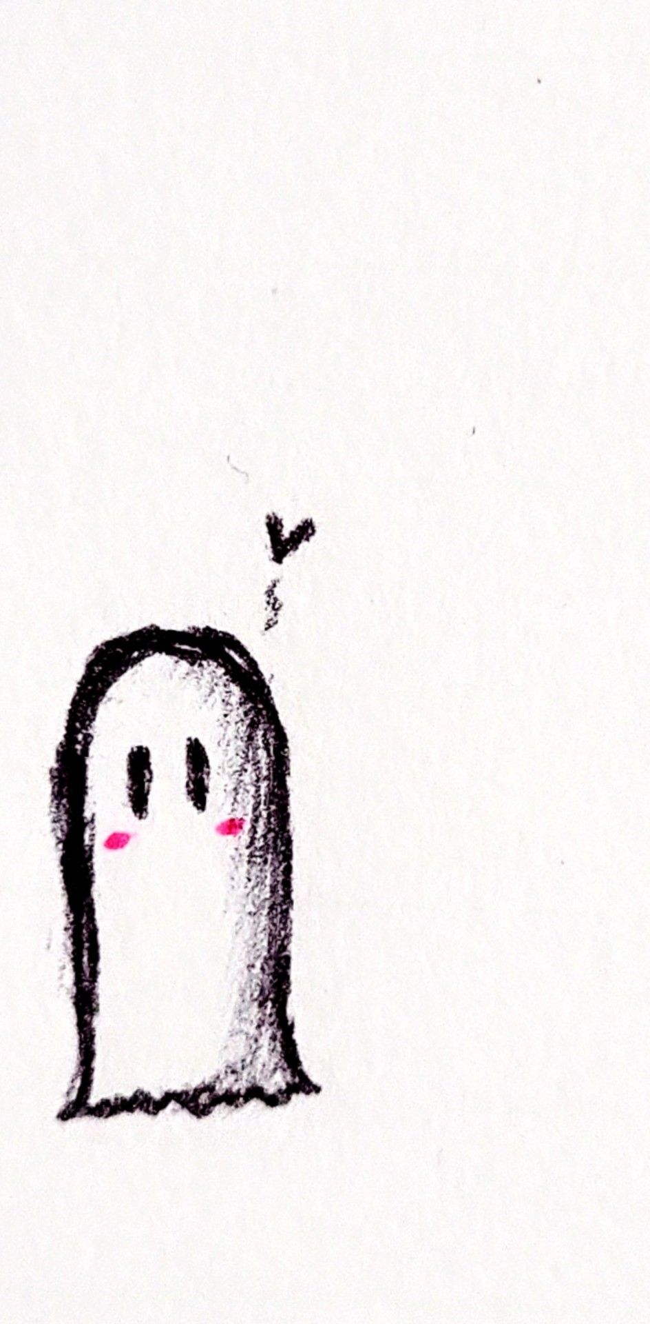 A black and white ghost with pink cheeks and a black hair. - Doodles