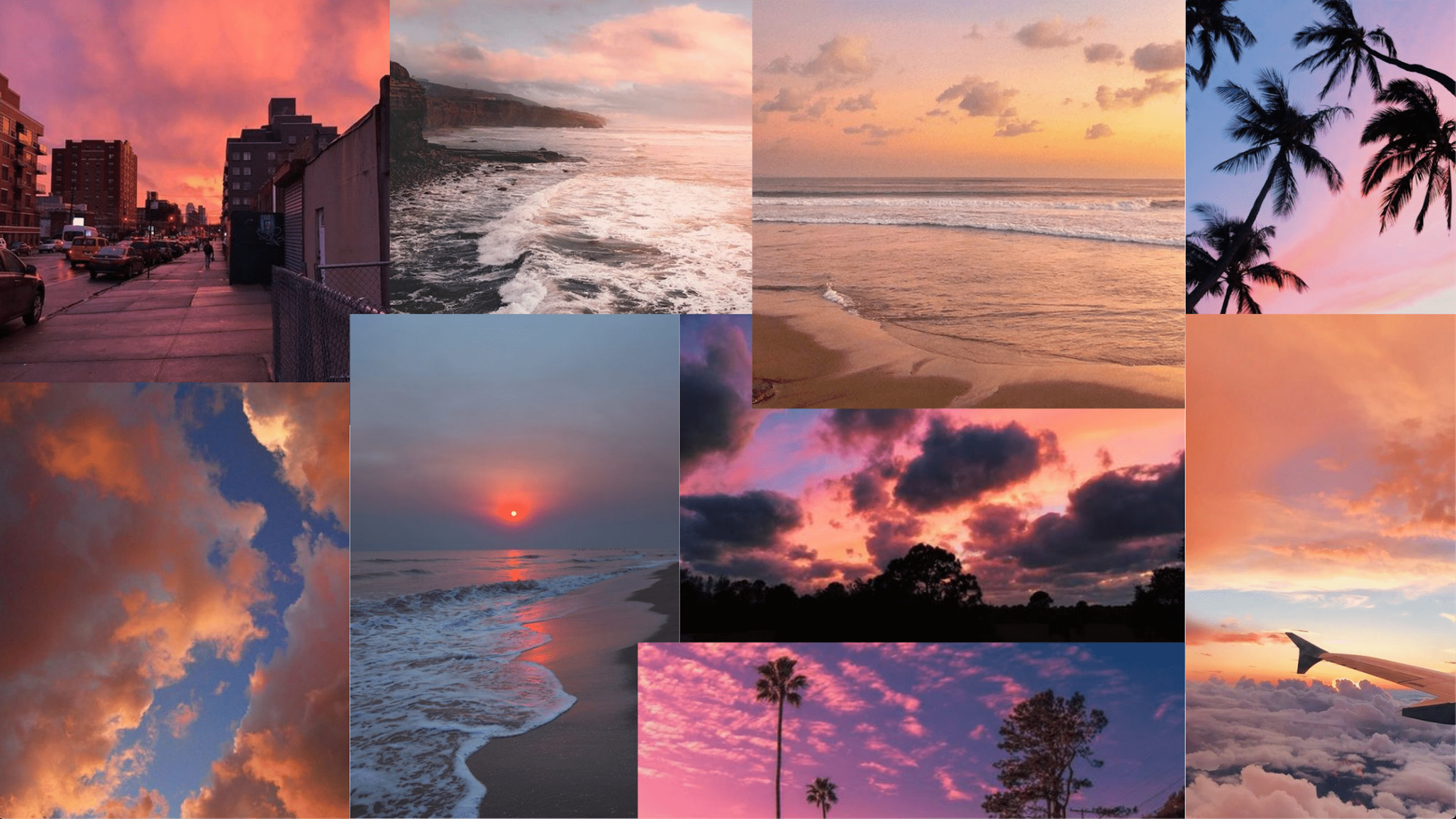 Collage of sunset photos from the city and beach - Sunset