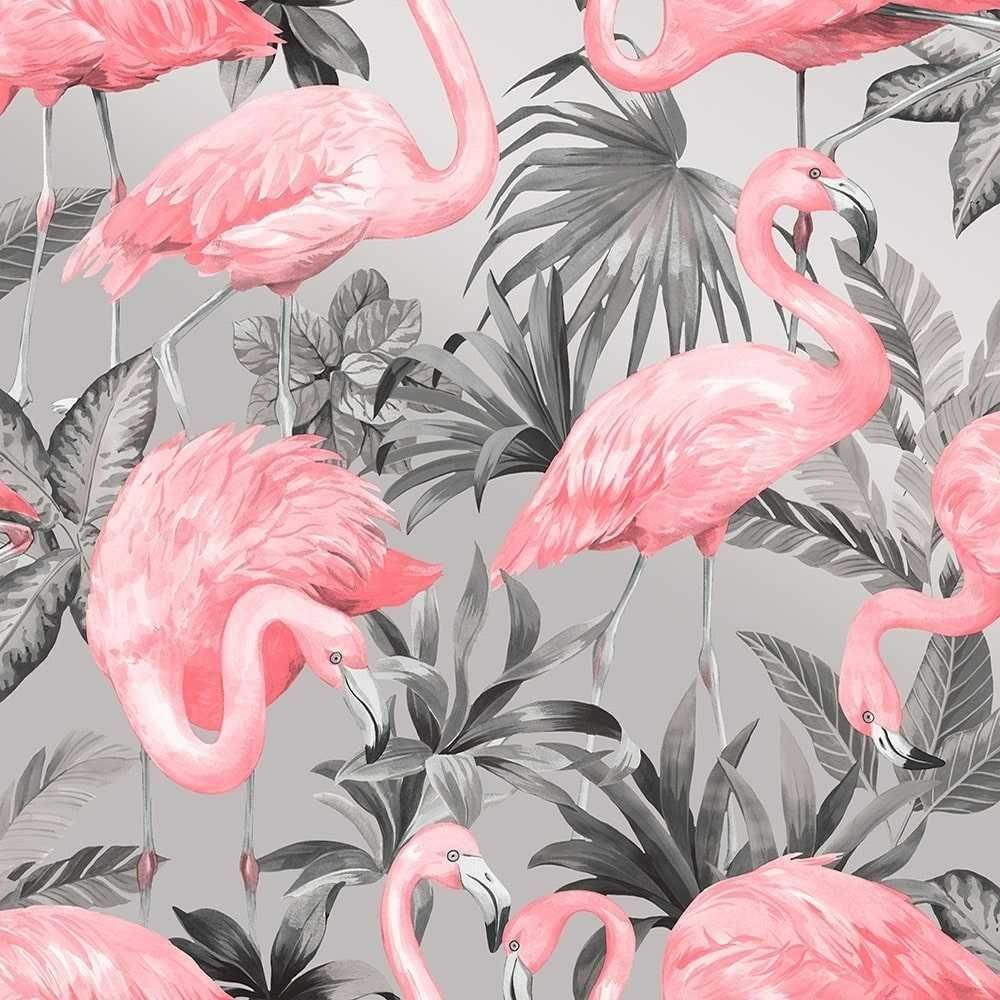 This wallpaper features a flock of pink flamingos with grey foliage - Flamingo