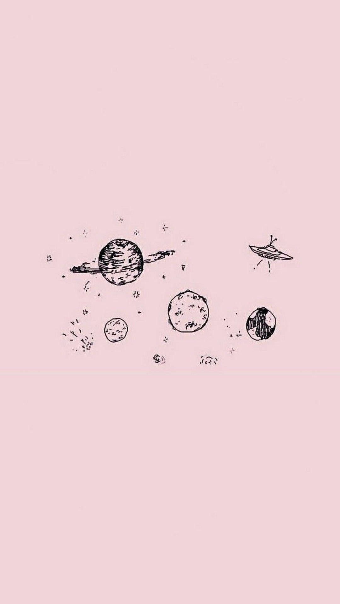 A black and white drawing of planets on pink background - Doodles