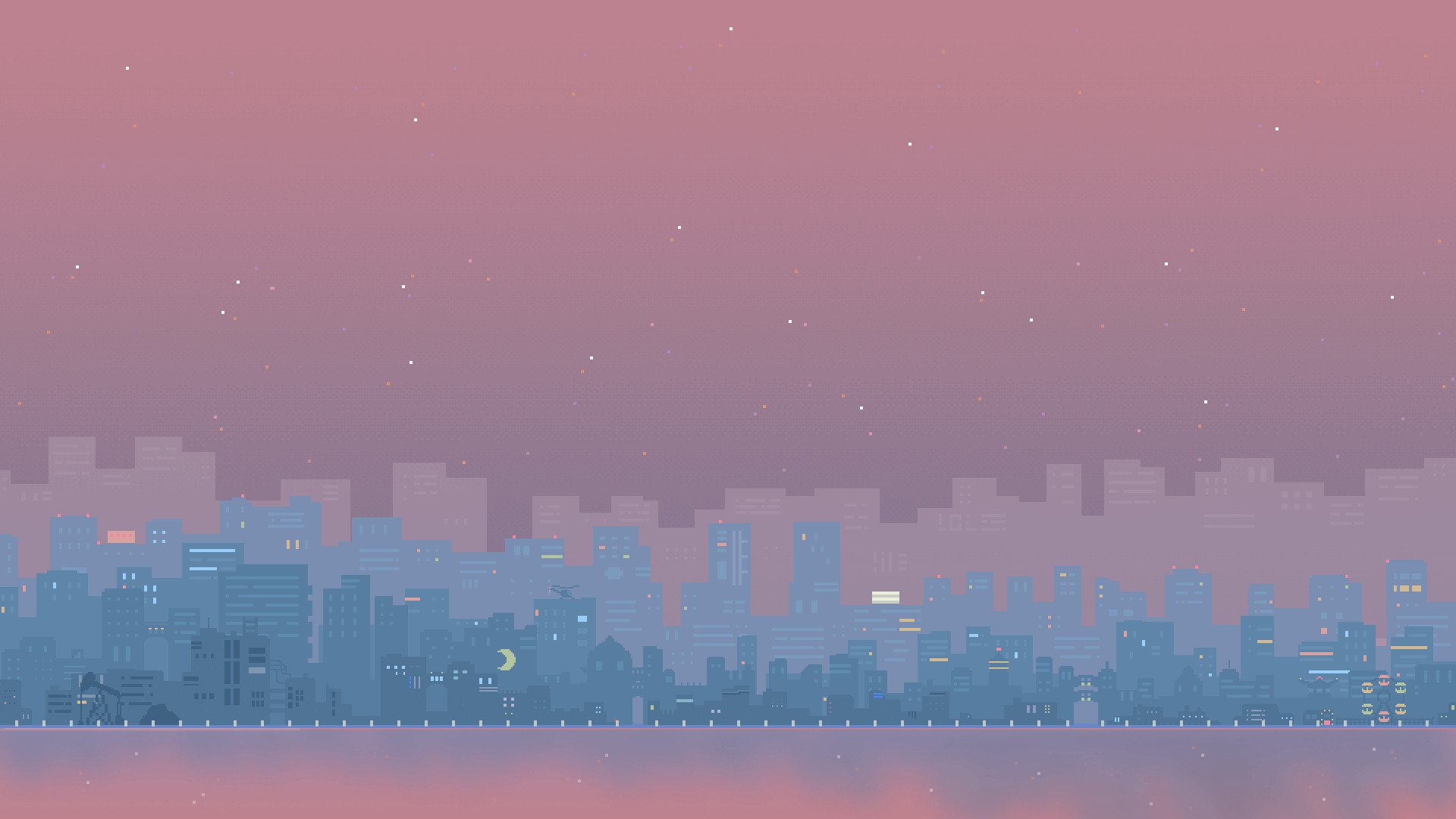 A cityscape at night with a purple and pink sky - Art, pixel art