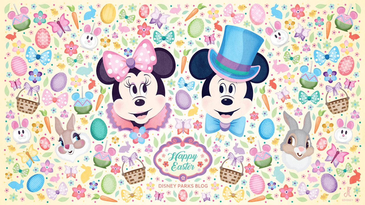 Mickey and Minnie are surrounded by Easter eggs, bunnies, and other springtime elements in this colorful illustration. - Easter