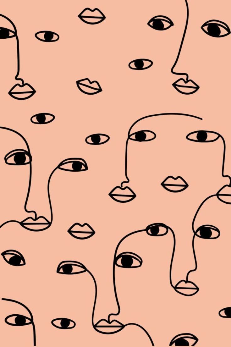 An abstract pattern of faces and eyes in black on a peach background - Doodles