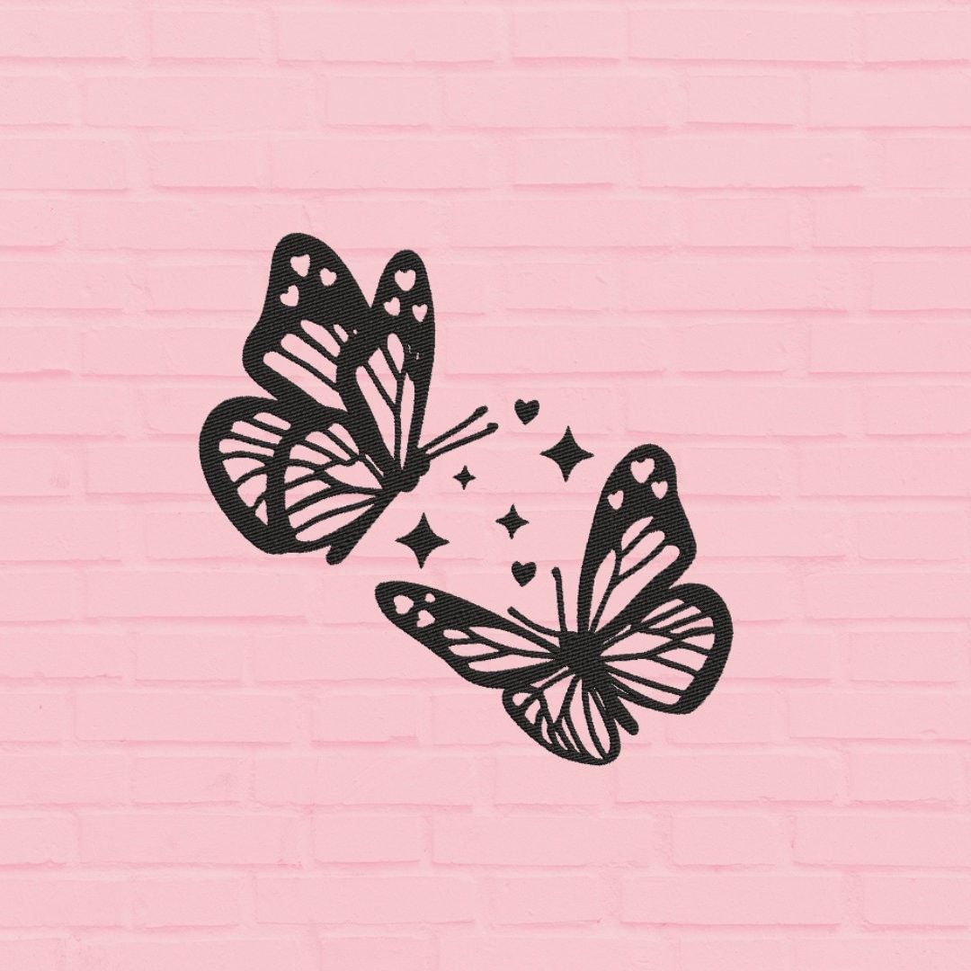 Two black butterflies on a pink brick background - Doodles