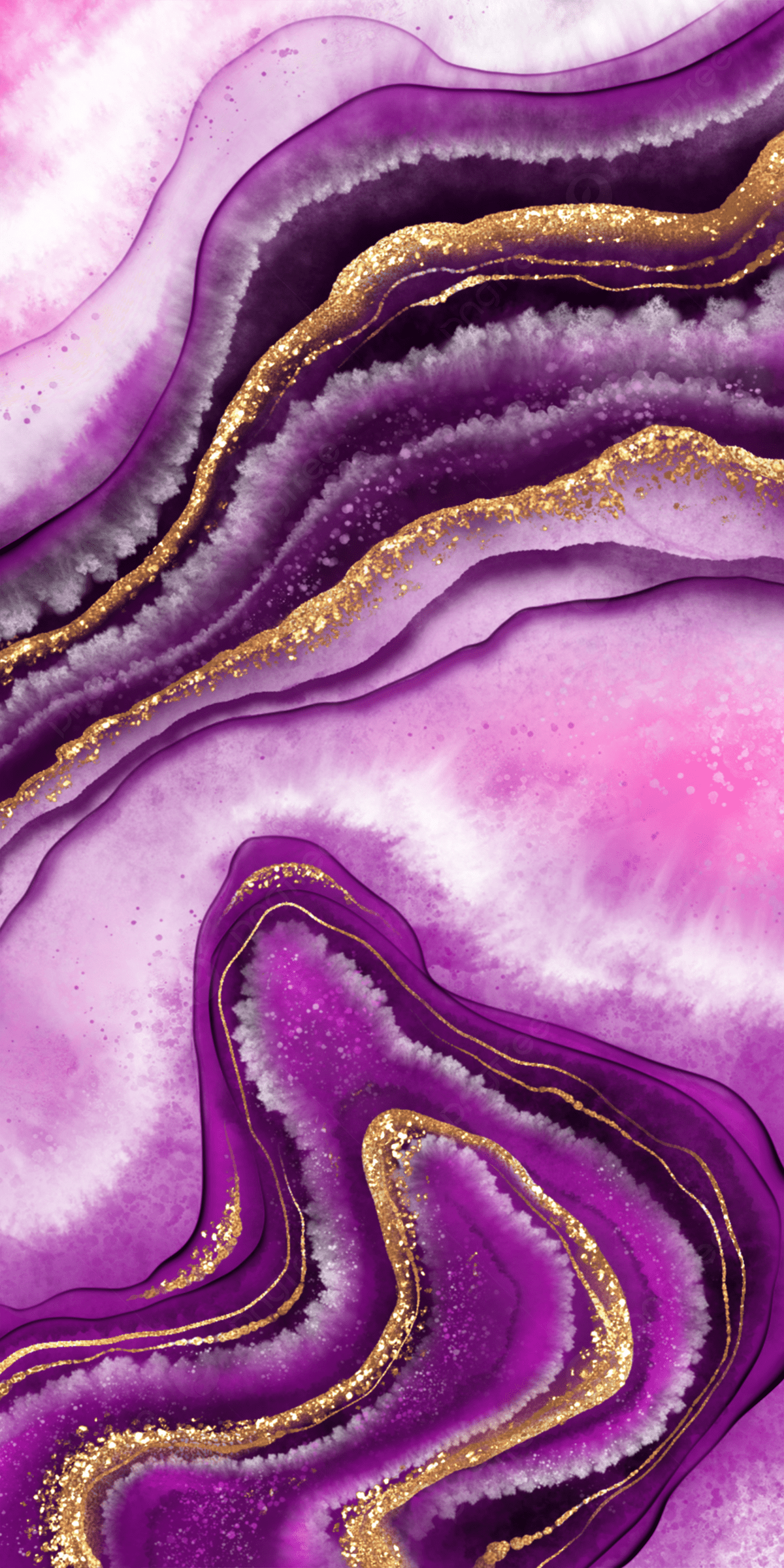 A marbleized purple and pink painting with gold accents - Marble
