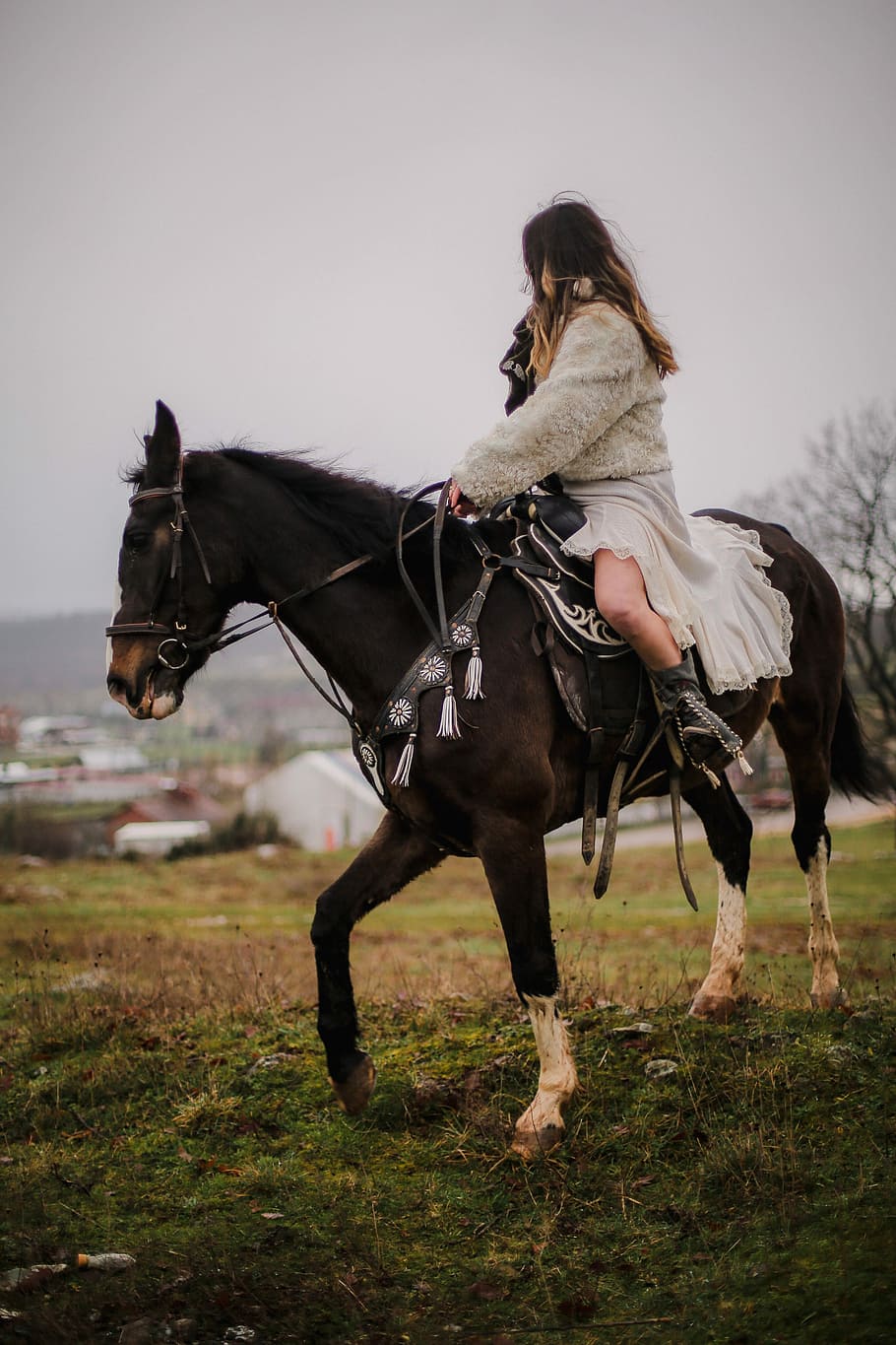 A woman in a white dress rides a black horse in a field. - Horse