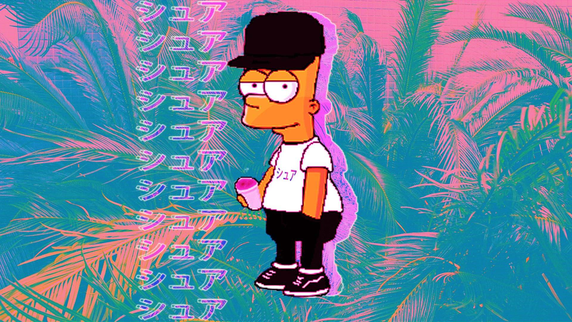 A cartoon character is standing in front of palm trees - The Simpsons, Bart Simpson