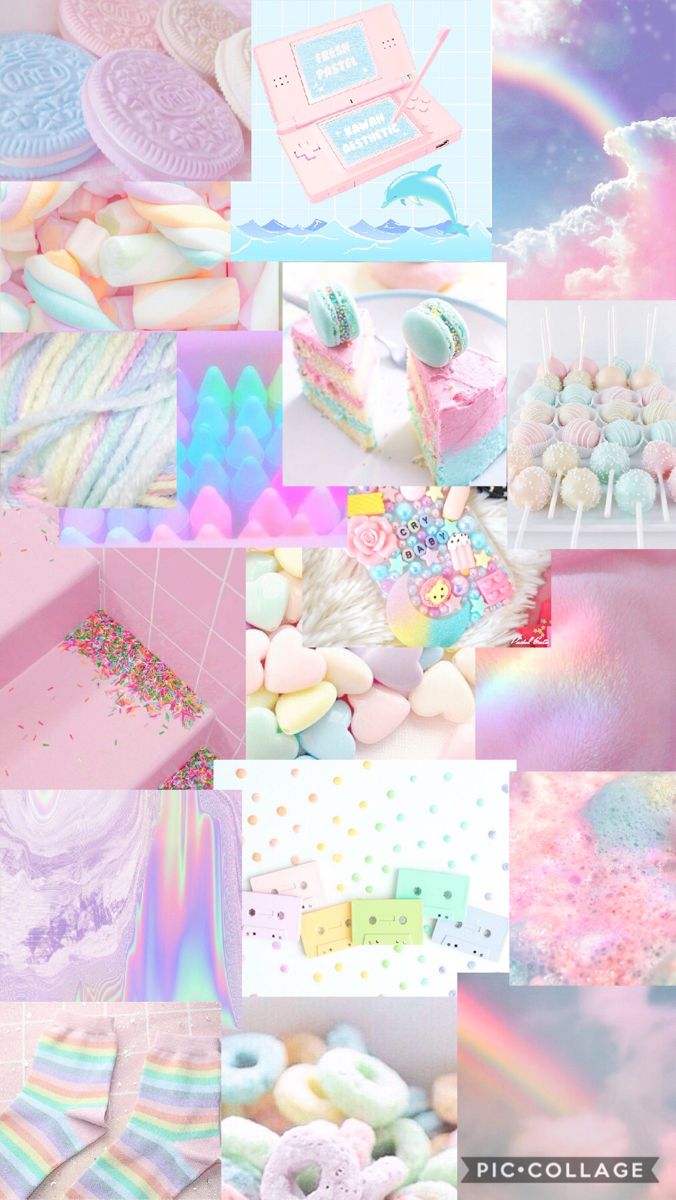 Aesthetic background with pastel colors, rainbow, sweets, and marshmallows - Colorful, pastel rainbow