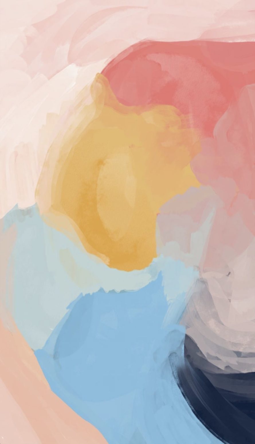 A colorful abstract painting with pink, yellow, blue, and white hues. - Colorful, abstract