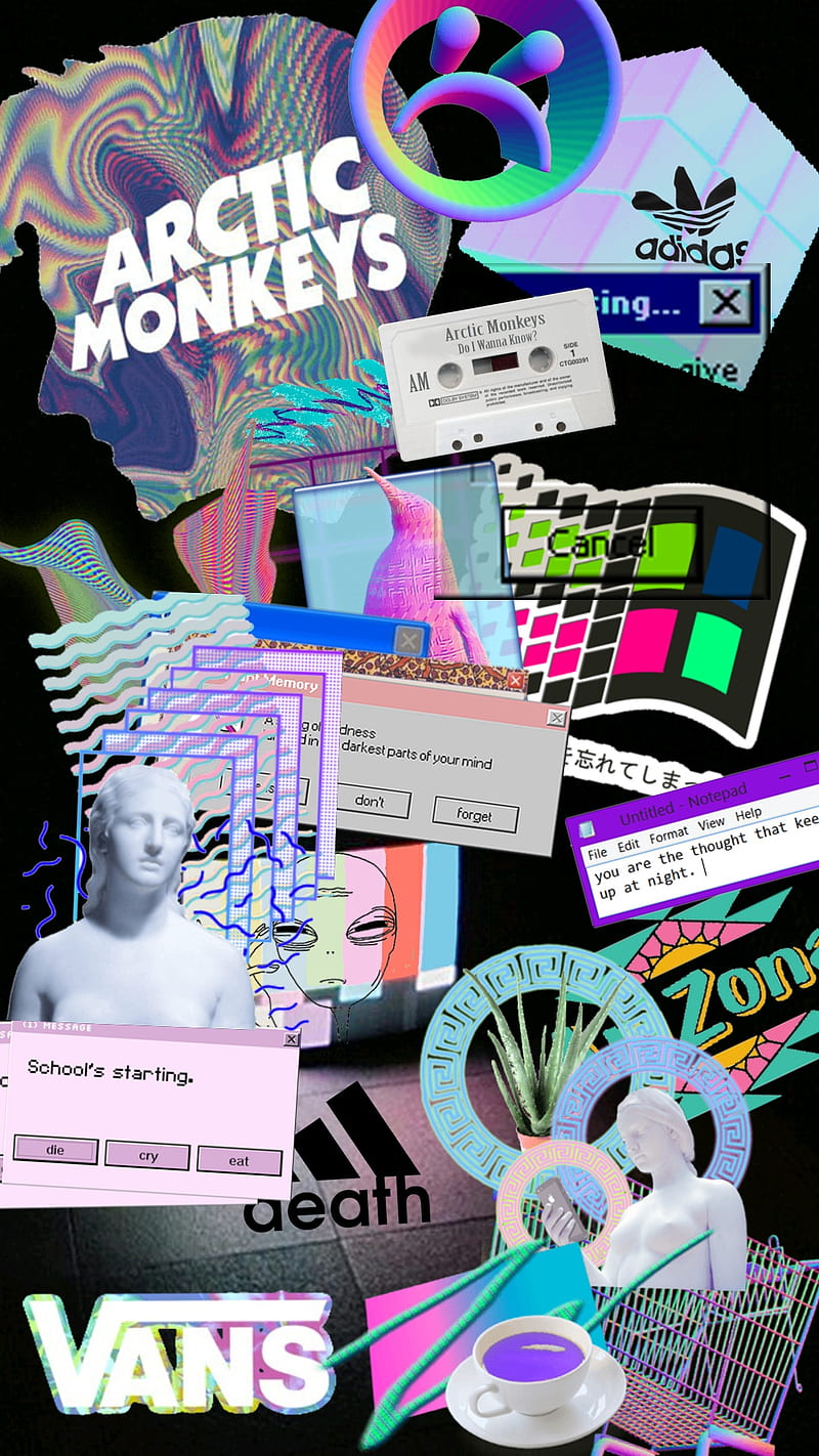 A collage of various items with the words arctic monkeys on it - Vaporwave