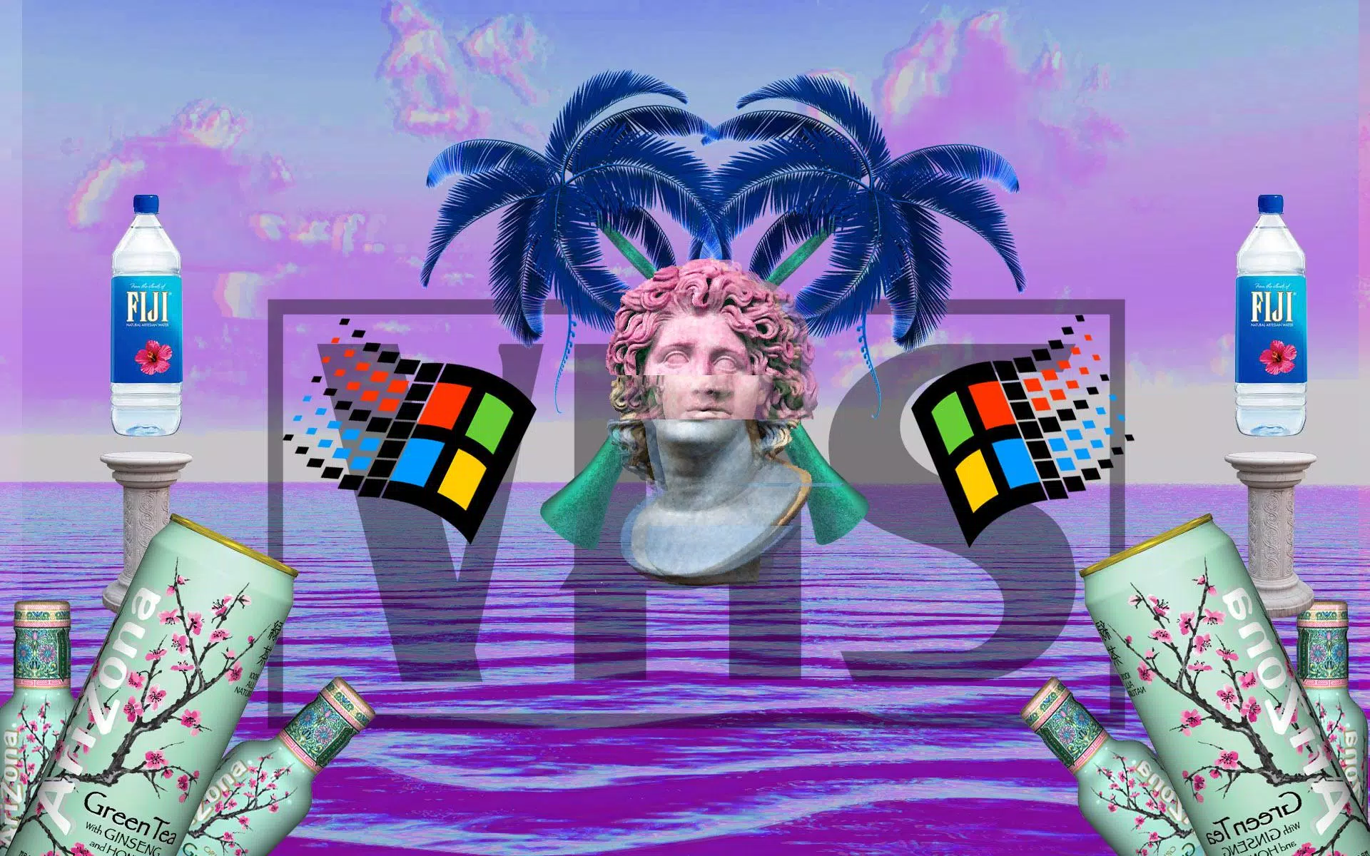 A collage of a bust of a man, palm trees, windows flags, and energy drinks - Vaporwave