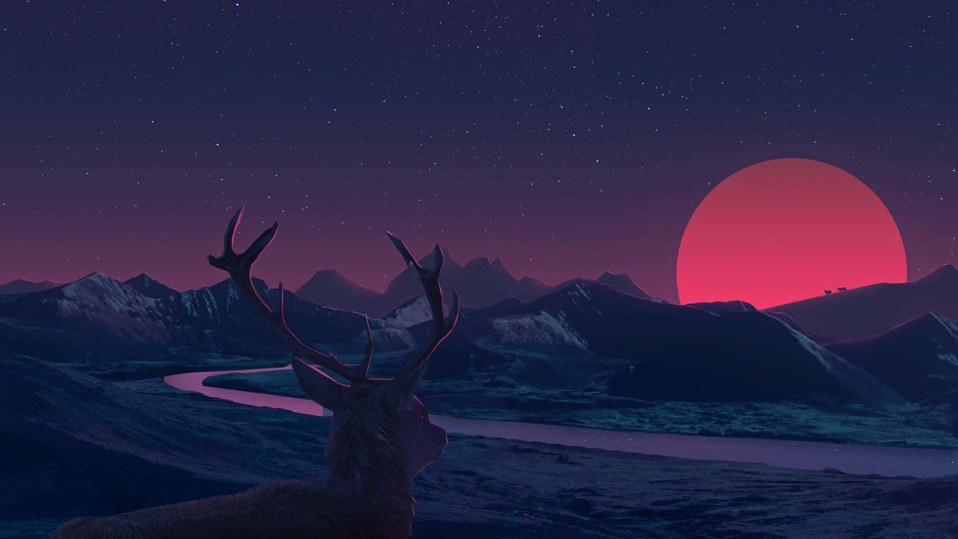 Download 2048x1152 Aesthetic Retro Deer Mountain Sunset Wallpaper